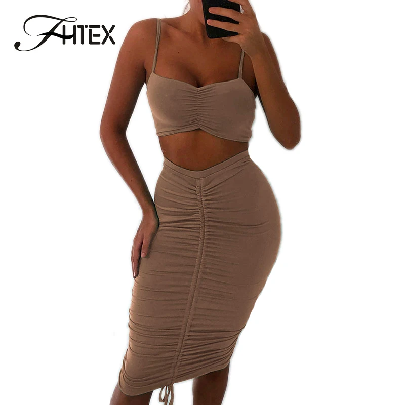 

FHTEX Solid Tank Top and Bodycon Skirt 2 Piece Set Sexy Skinny Pleat Pencil Skirts Slim Fit Lace Up Women Casual Skirts Suit