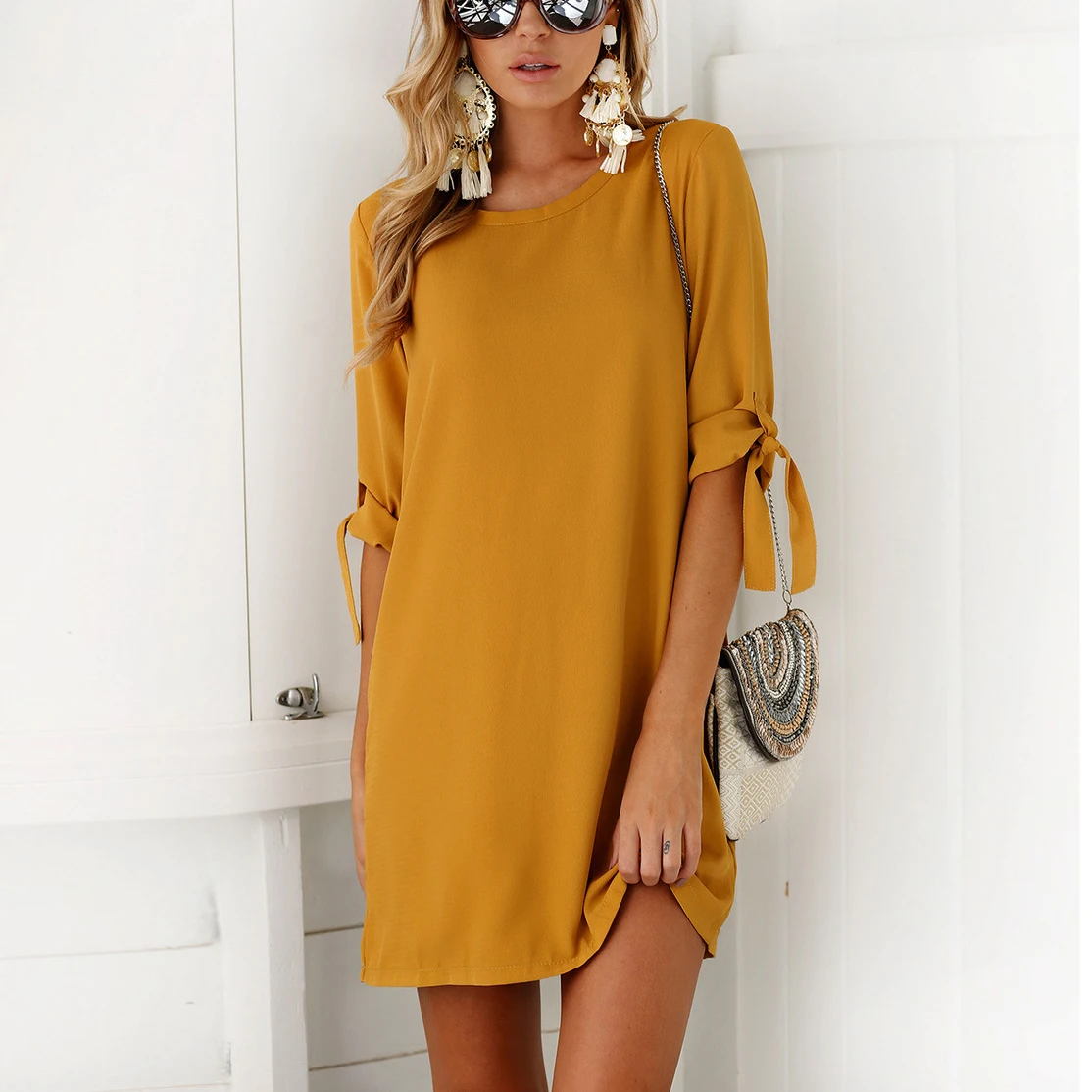 2018 Summer Casual Chiffon Solid Shift Dress Women Basic O neck Half