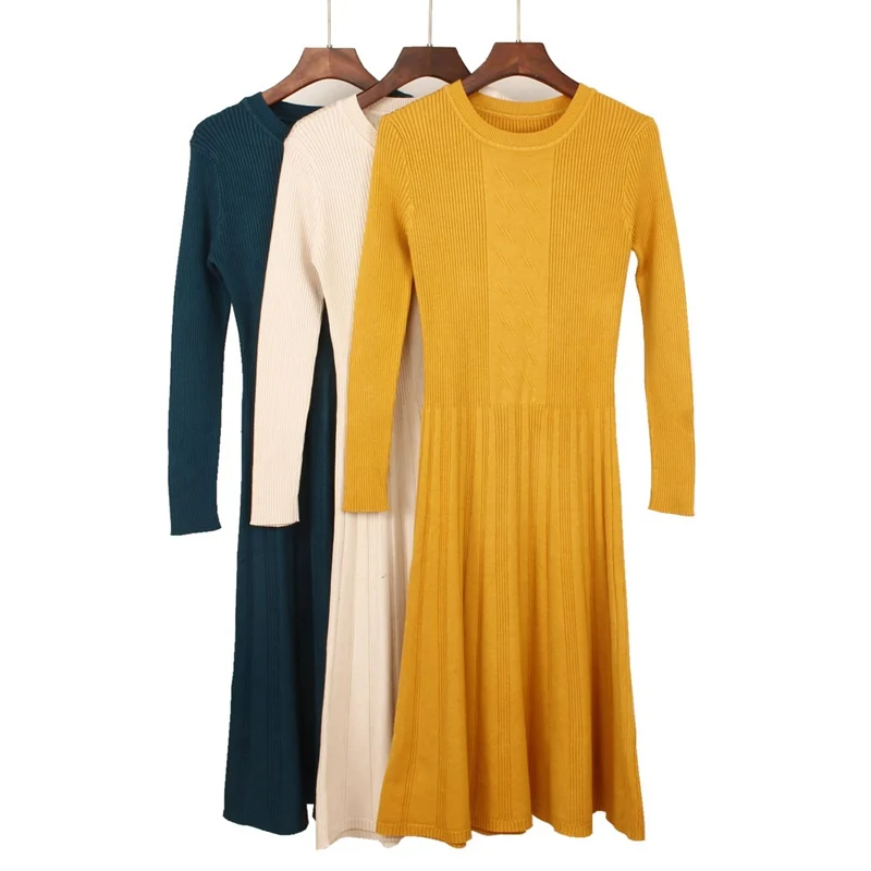 

GIGOGOU Autumn Winter Women Sweater Dress Mid-Calf Long Chic Female Dresses A-Line Soft Rib Knitted dresses