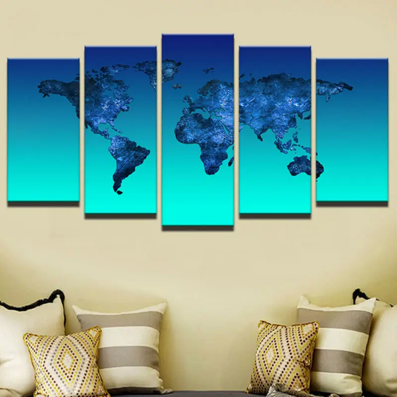 5 Panel HD Printed Framed Light Blue Ocean World Maps