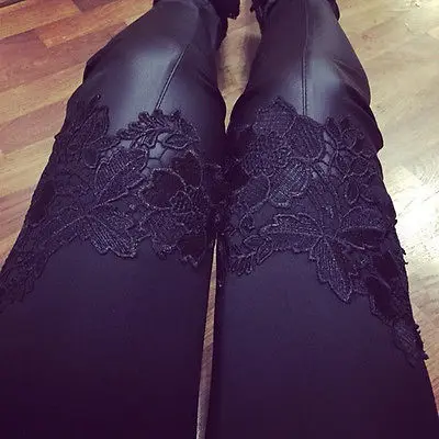 Lace Leggings Skinny Stretch Pants Triangular Lace PU Leather Pants Capris Lace Leggings Skinny Stretch Pants Triangular Lace PU Leather Pants Capris
