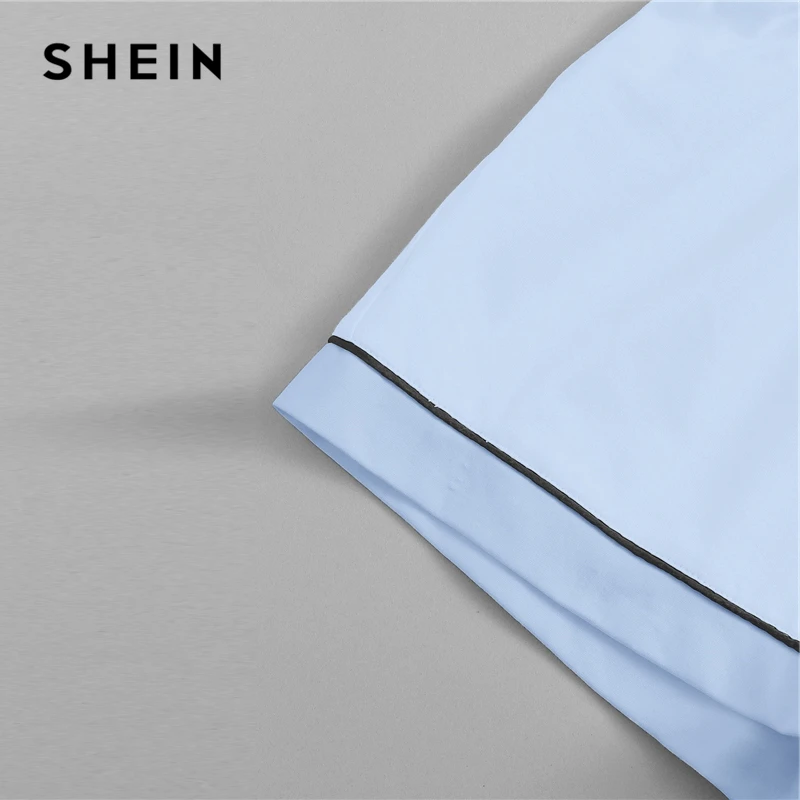 SHEIN контрастная окантовка карман спереди пижамный комплект черный короткий рукав топ с отворотом с эластичной талией шорты женские комплекты из двух предметов