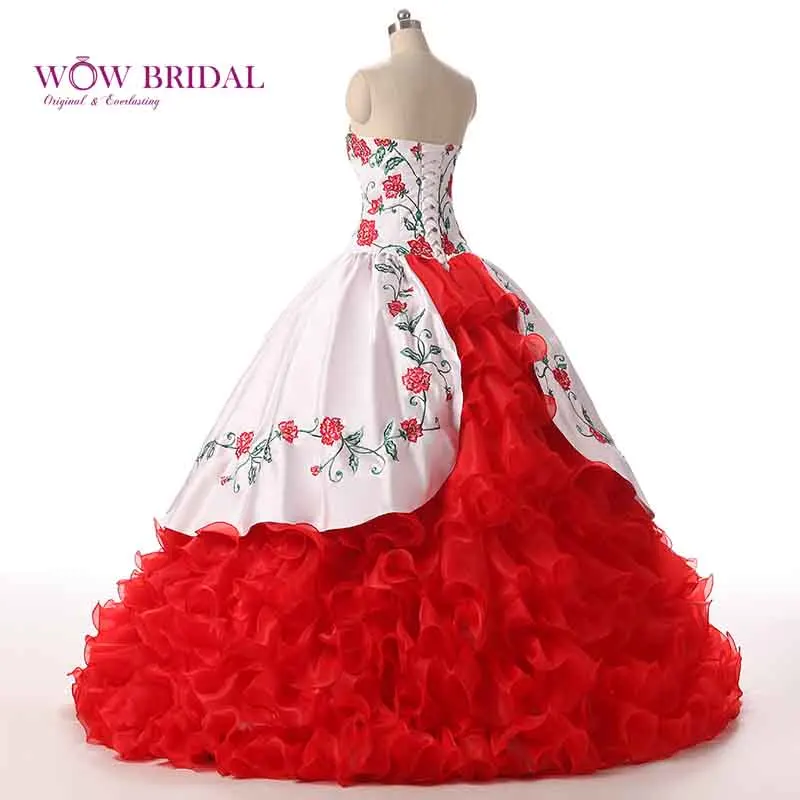 Wowbridal роскошный белый красный Вышивка Quinceanera платье бальное платье оборками из органзы Слои сладкий 16 платье Vestido De 15