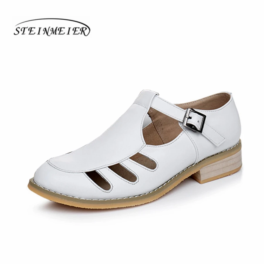 

Women genuine leather oxford sandals shoes vintage handmade flat white summer black Sandals 2018 for women