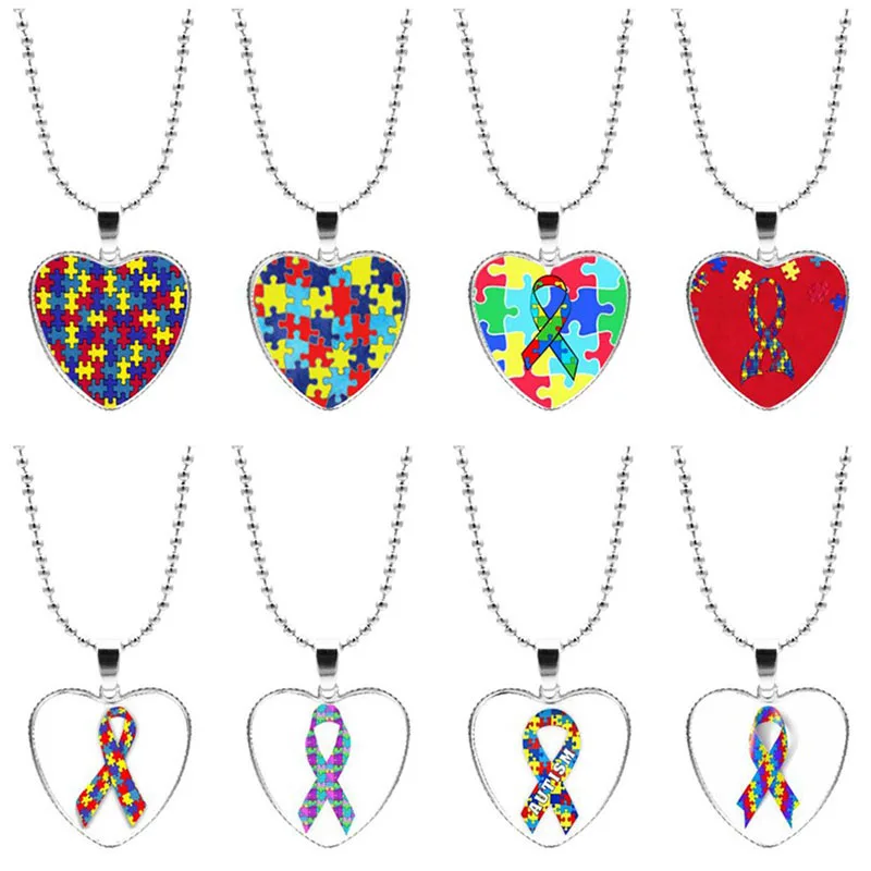 

Colorful Jigsaw Puzzle Autism Awareness Hope Necklace Love Heart Shape Glass Cabochon Pendant Necklace Kids Autism Jewelry Gifts