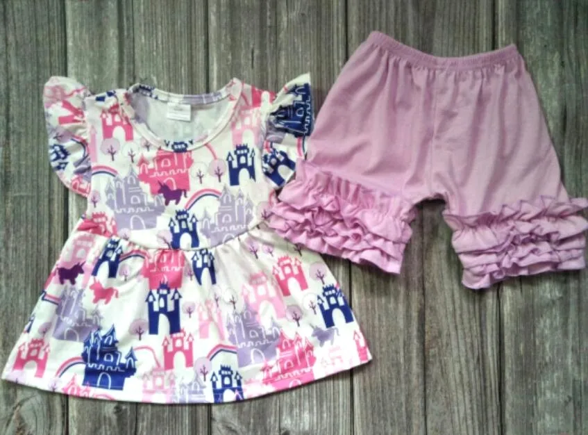 

New arrival castle outfits baby girls high quality unicorn t shirt+cotton shorts 2 pcs sets kids summer children's clothing gxj
