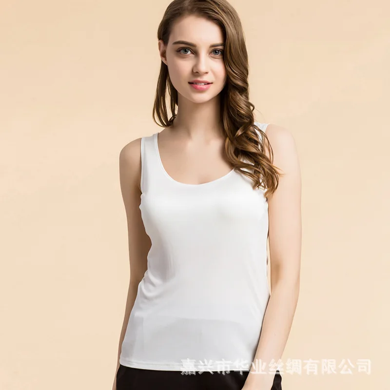 

2019 Summer Women 100% Real Silk Tank Tops Casual Knitted Shirts Comfortable Breathable Loose T-shirts With Bra