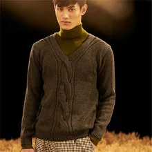 Ручная работа из чистой шерсти вязаный мужской модный однотонный пуловер с v-образным вырезом свитер один и более размер