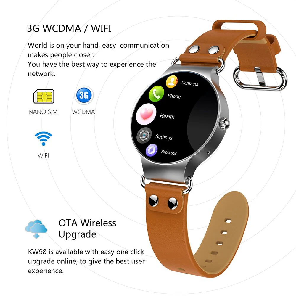  696 KW98 3G Smartwatch Phone Android 5.1 1.39 inch MTK6580 8GB ROM GPS Heart Rate Pedometer KingWea