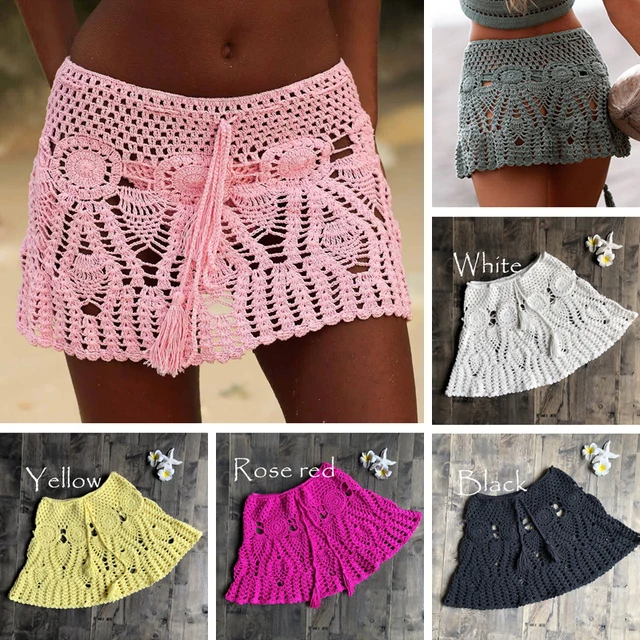 US $6.29 2019 New Sexy Crochet Tassel Beach Skirt Cotton Swimsuit Fused Skirt Casual Beach Running Lace See