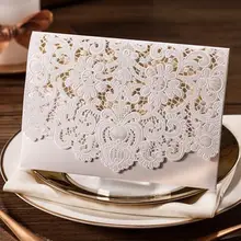 Printable Laser Cut White Wedding Invitation Card with Embossed Flower CW073 (Set of 50) with Envelope & Seal Free Shipping
