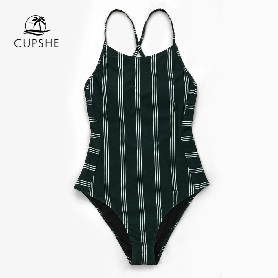 green and white striped one piece swimsuit