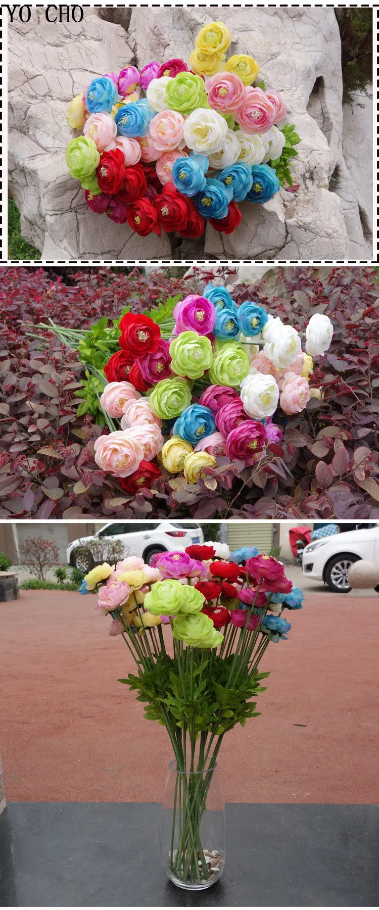 pink   artificial Ranunculus asiaticus flower branch mini peonies fake Persian Buttercup silk Tea Rose decorative flowers bouquet