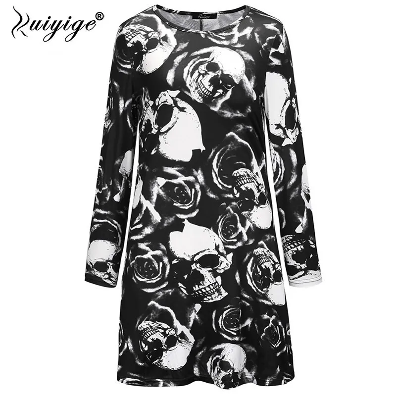 Ruiyige 2018 Весна для женщин Мода скелет кости печати с длинным рукавом О образным