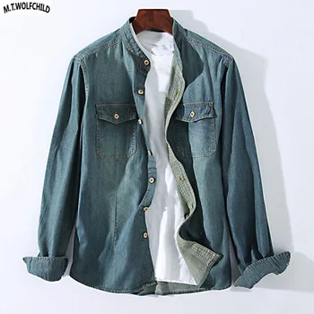 

Fashion new 2018 Autumn Mens Distressed vintage long sleeve blue denim shirts 100% Cotton mens shirts male slim denim clothing