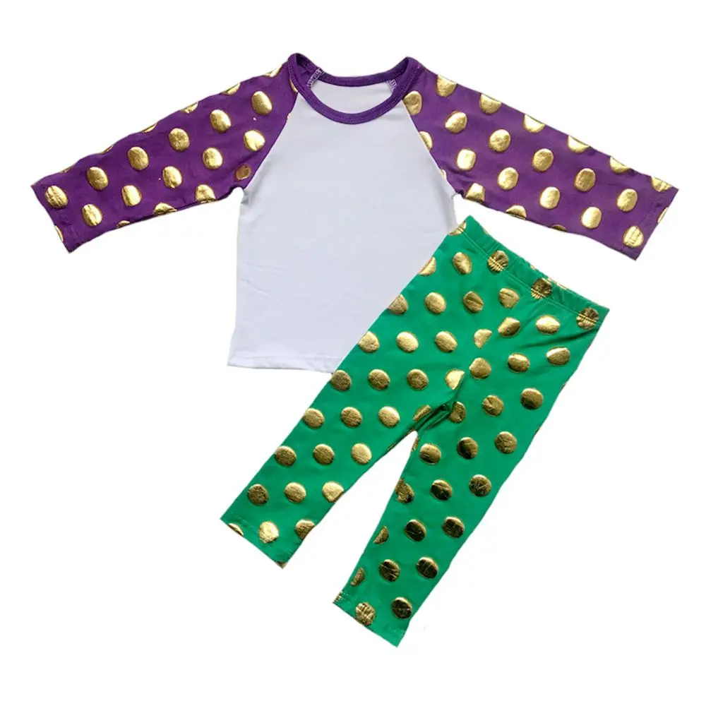 Фиолетовый зеленый и золотистый в горошек на заказ одежда, комплекты для новорожденных детей, леггинсы и реглан комплекты для Марди Гра праздник
