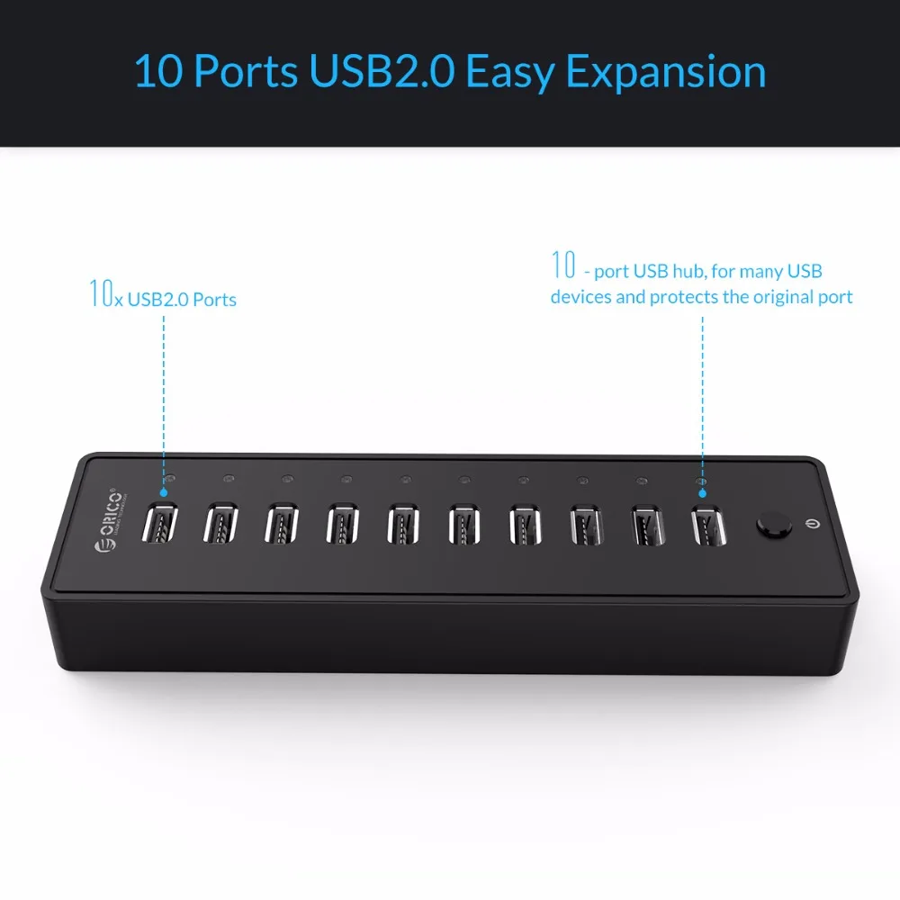 ORICO P10-U2 10 портов USB 2,0 концентратор ЕС/Великобритания/США/AU разъем практичный ABS для ноутбука/рабочего стола с 3,3 фута/1 м USB2.0 кабель-черный