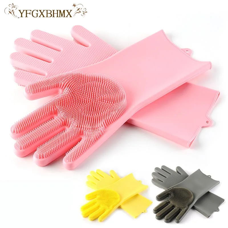 

A Pair Magic Silicone Scrubber Rubber Cleaning Gloves Dusting/Dish Washing/Pet Care Grooming Hair Car/Insulated Kitchen Helper