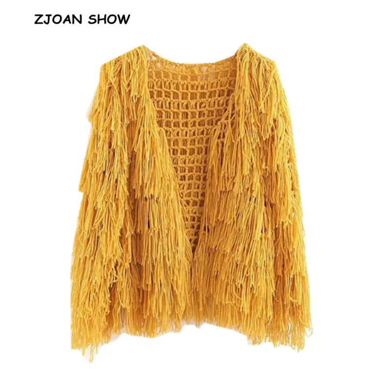 

Vintage Hand knitted Hollow Out Long Tassel Cardigan Sweater 2018 New Woman V neck Fringed Loose Knitwear Jumper kleding jerseis