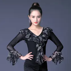 Костюмы для бальных танцев Танцы Топы корректирующие женский, черный печатных трубы рукавом рубашки в латинском стиле Конкурс одежда