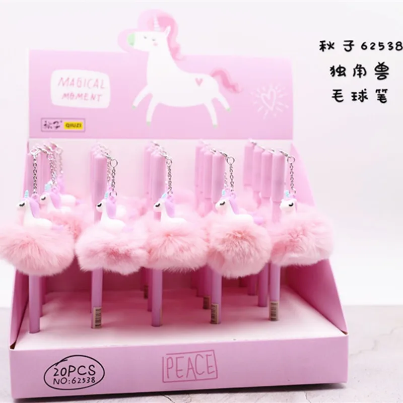 

20pcs/lot Fancy Korea Unicorn Pink Pompom Gel Ink Writing Pens Office Festival Birthday Party Takeaways Favor Study Materials