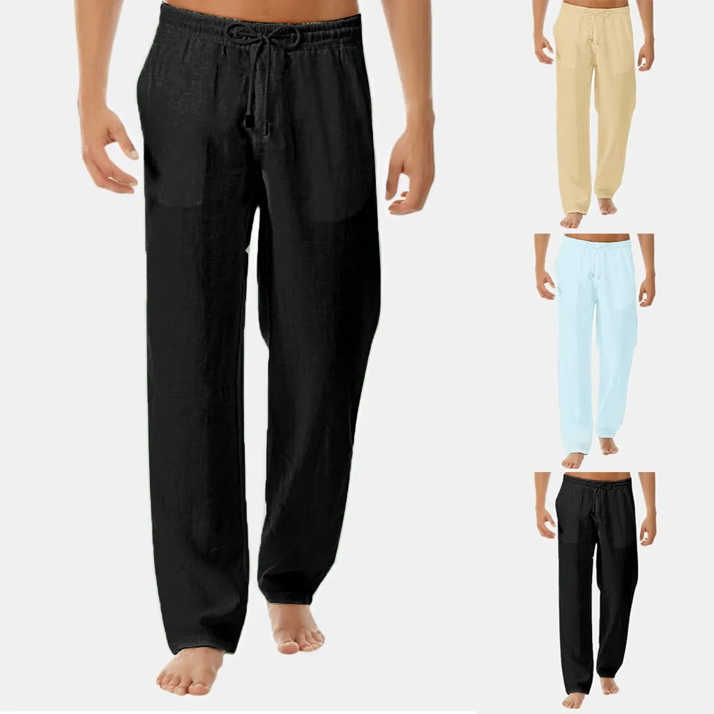 Мужские повседневные брюки-гаремы, мужские льняные одноцветные брюки для бега, штаны для фитнеса, мужские прямые брюки с эластичной талией J621