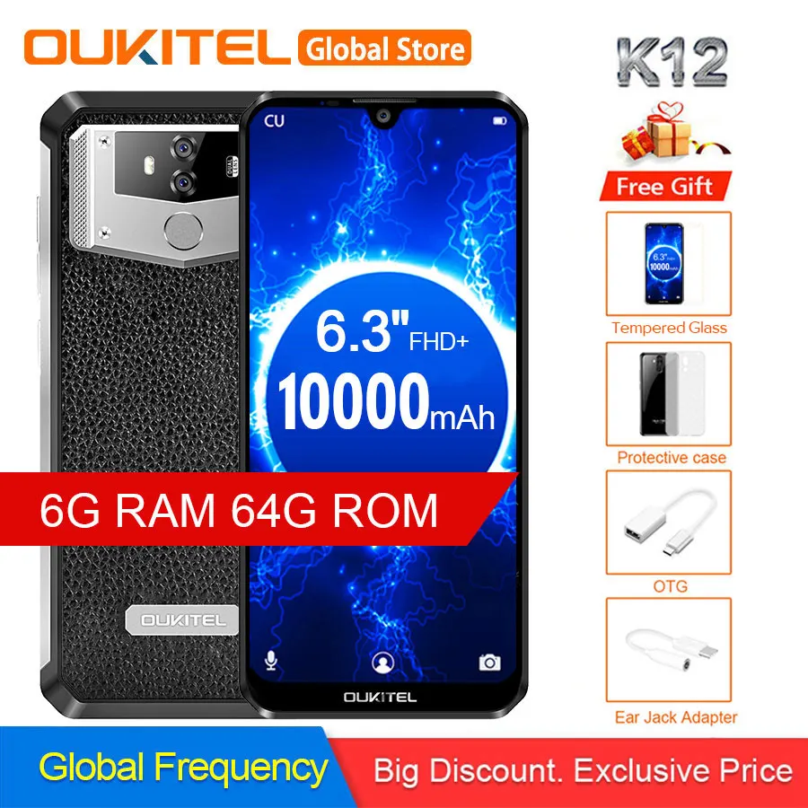 

OUKITEL K12 Waterdrop 6.3" FHD+ Android 9.0 1080*2340 16MP Smartphone 6GB 64GB Face ID 10000mAh 5V/6A OTG NFC Mobile Phone