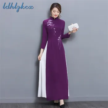 

Print Long-sleeved Ankle-Length Dresses Female 2018 Autumn-winter New Fashion Retro Purple Zipper Cotton Long A-Line Dress LD414