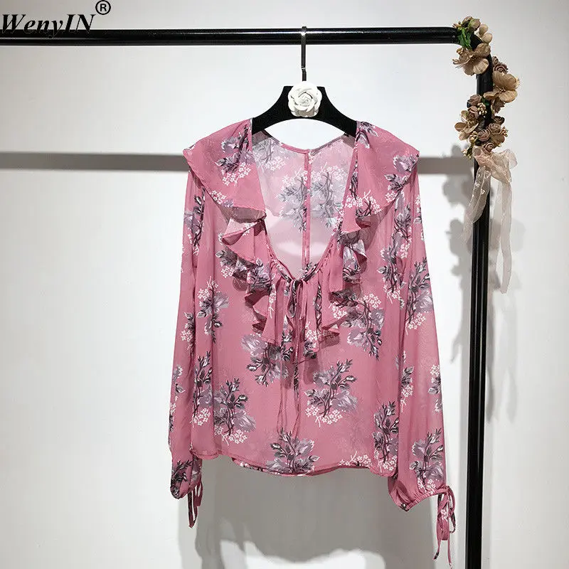 WENYIN 2018 Autumn Fashion Sexy V-neck Ruffles Floral Printed Chiffon Blouse Women blusas Shirt Tops WY-239 |