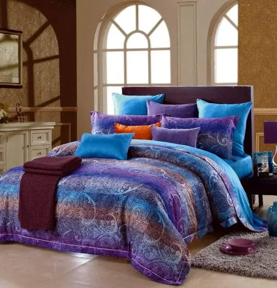 Egyptian cotton blue purple striped luxury bedding comforter set king ...