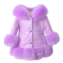 Kids girl’s PU leather patchwork fox faux fur collar jacket coat down parkas thicken coat princess winter outerwear fur coat