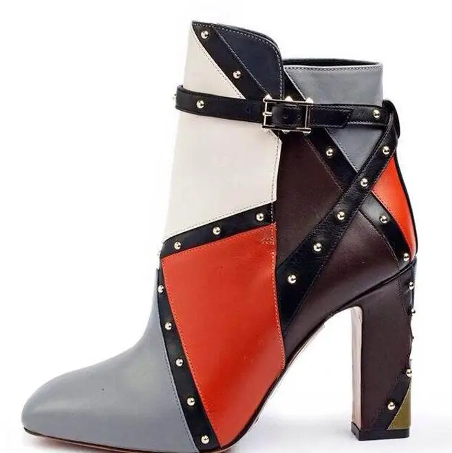 

Studded women Autumn Winter ankle and knee high boots rivet shoes high thick heels superstar runway shoes green orange mixed