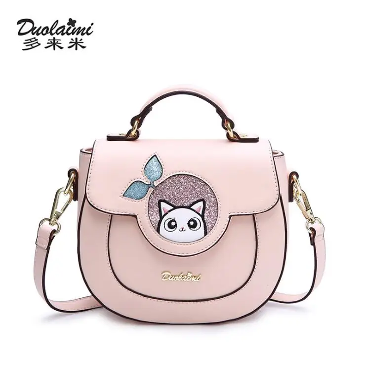 

DuoLaiMi 2018 New Arrival Lady Embroidery Sequins Cute Cat Pink Circular Women's Shoulder Cross body Messenger Handbag Flap Bags