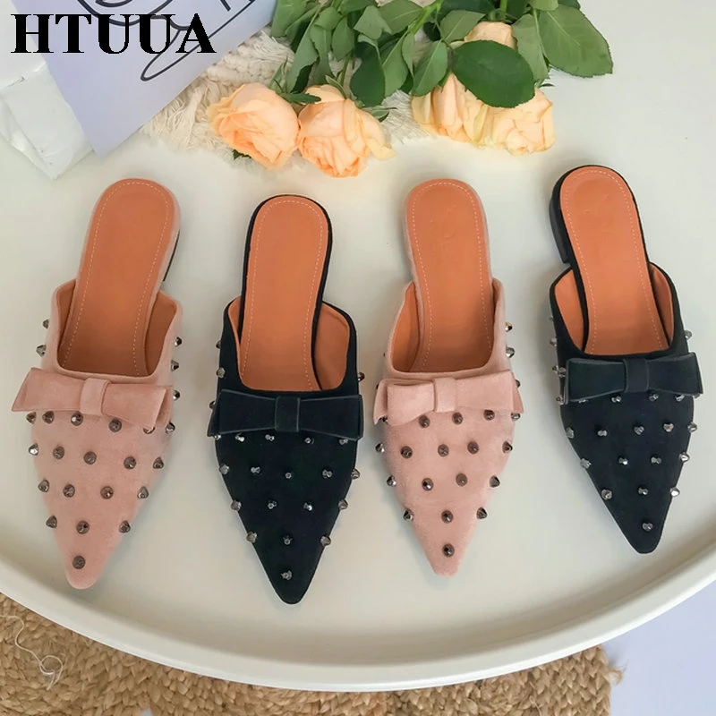 

HTUUA Autumn Fashion Flock Rivet Butterfly-knot Pointed Toe Women Slippers Slip On Low Heels Mules Shoes Woman Slides SX3015