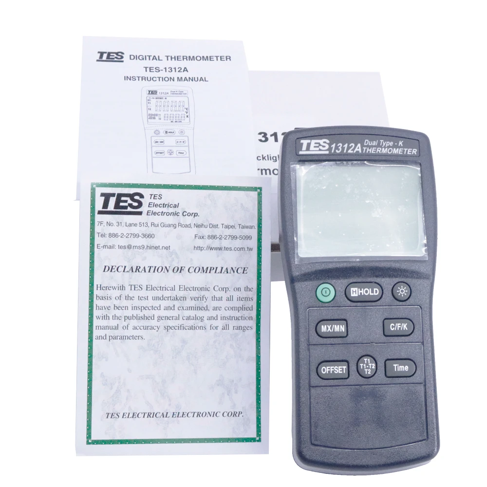 TES-1312A портативный цифровой двухтип-k термопара термометр с подсветкой ЖК-дисплей