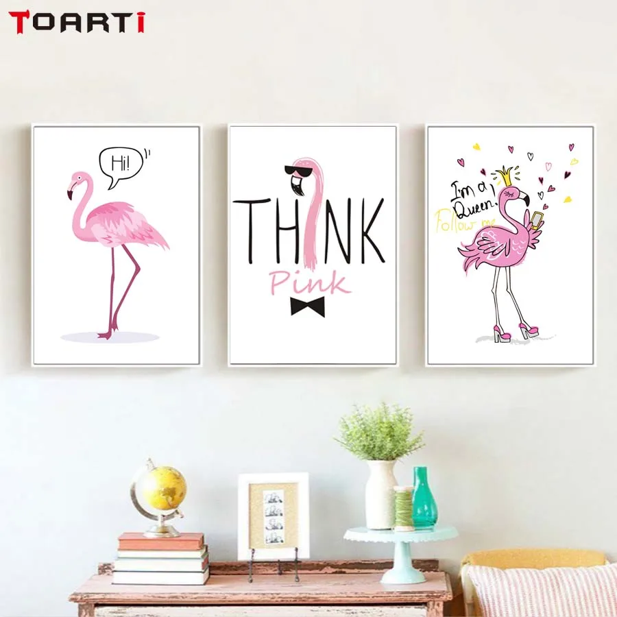ピンクフラミンゴ引用保育園壁アートキャンバスポスター印刷動物絵画北欧画像子供寝室現代の壁チャート 絵画 書道 Aliexpress