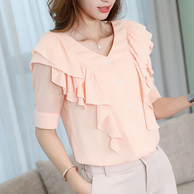 

New 2019 Women Blouse Summer Chiffon Shirt Short Sleeve Shirts Fashion Casual Blouses Womens Casual Office Pink Tops Plus Size