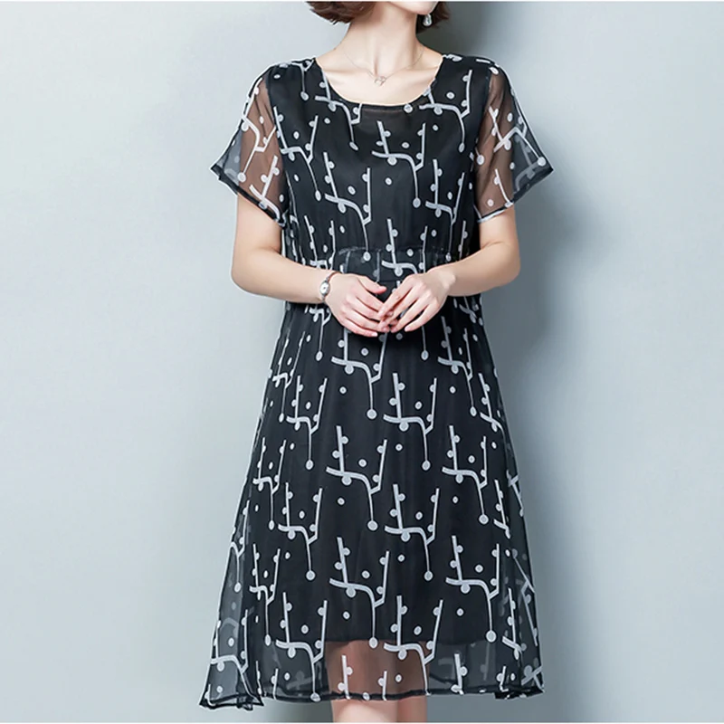 Повседневное шифоновое платье летнее женское новое платье средней длины большого размера шифоновое платье с коротким рукавом l18