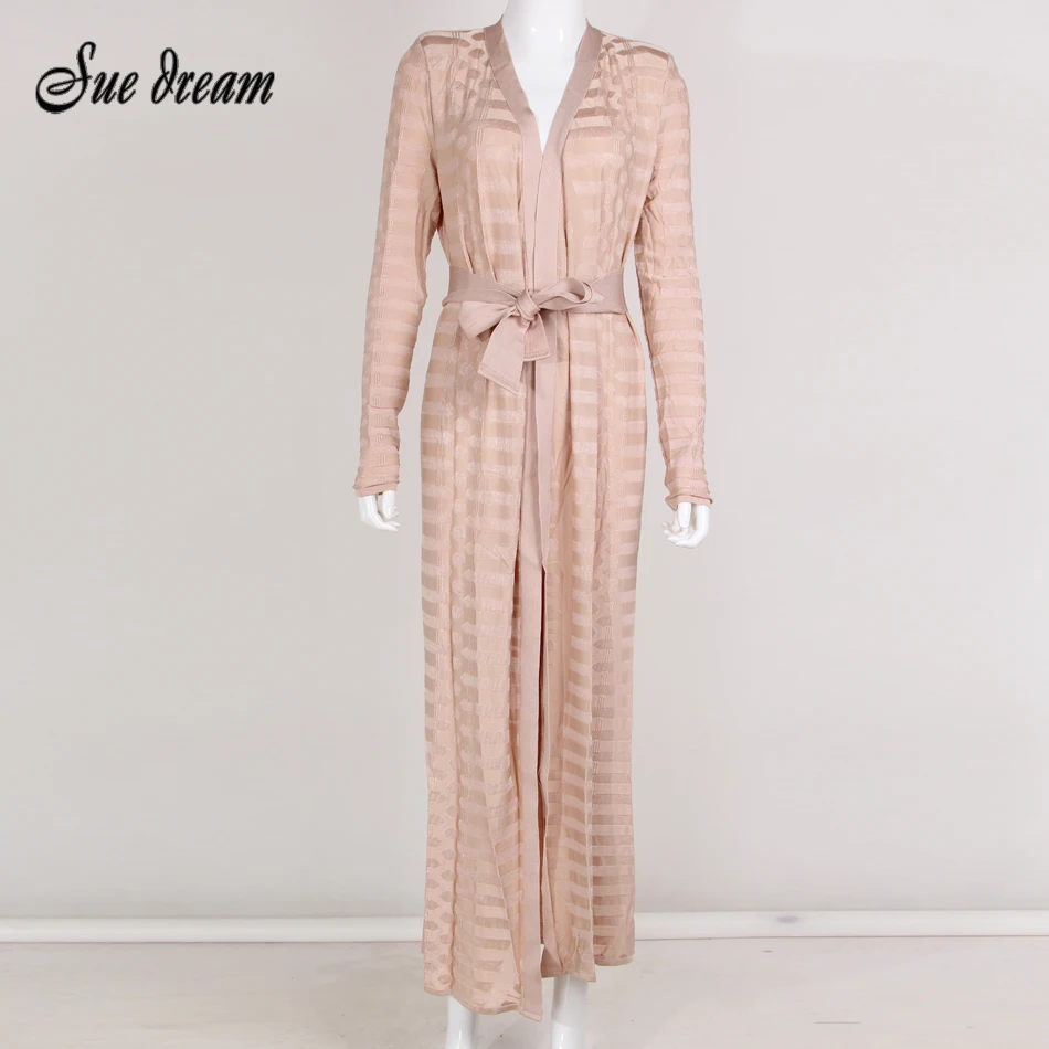 

2017 Summer new style fashion long sleeve v neck sashes striped casual ankle length dress elegant loose bodycon apricot dresses