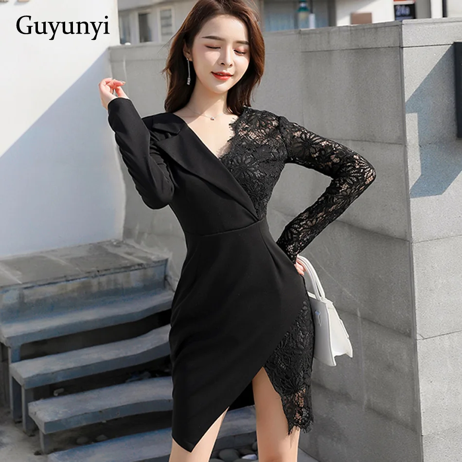 

Lace Patchwork Irregular Temperament Office Lady Dress 2019 Spring Full Sleeve Notched Neck Mini Little Sexy Dress Women