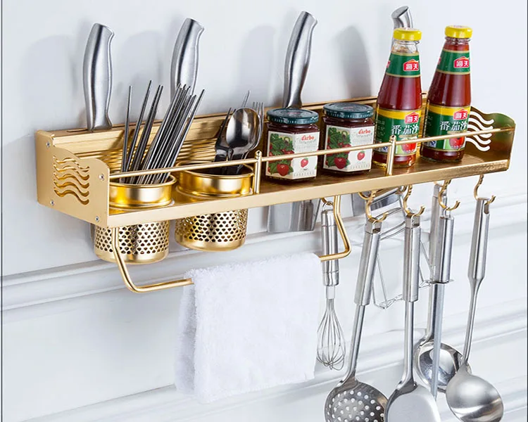 Настенная Золотая кухонная полка из нержавеющей стали и органайзер, металлический подвесной кухонный стеллаж для хранения посуды