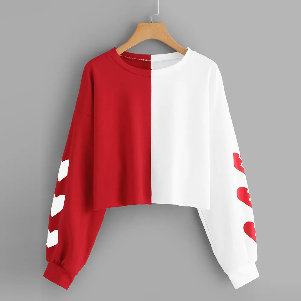 

Womens Crop Sweatshirt Long Sleeve 2019 Ladies White Red Patchwork Print Round Neck Pullover Sweatshirt Sweatshirts sudadera