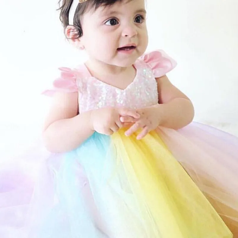 Комбинезон для новорожденных для маленьких девочек Красивая Радуга бальное платье ползунки платье детские комбинезоны костюмы для маленьких девочек s