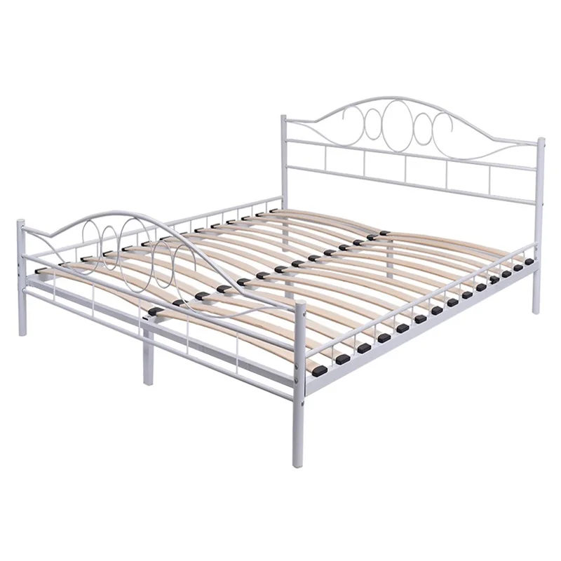 White Steel Bed Frame with Wood Slats and Arched Headboard  Living Room Footboard White Queen Size Bed Frame Bed HW52202