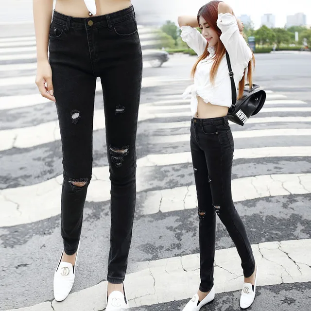 [Cowboy Girl] Black tight jeans female trousers hole slim