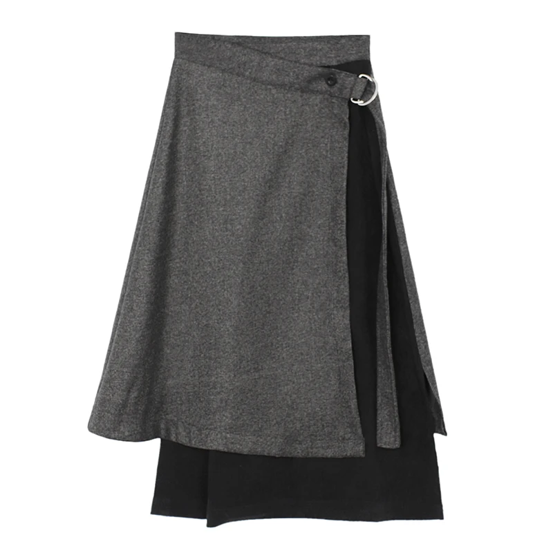 Mode Ceintures Jupe mollet Femme Automne Cru Patchwork Loisirs Gris Noir Laine Tempérament Femelle De Mi wCPqa