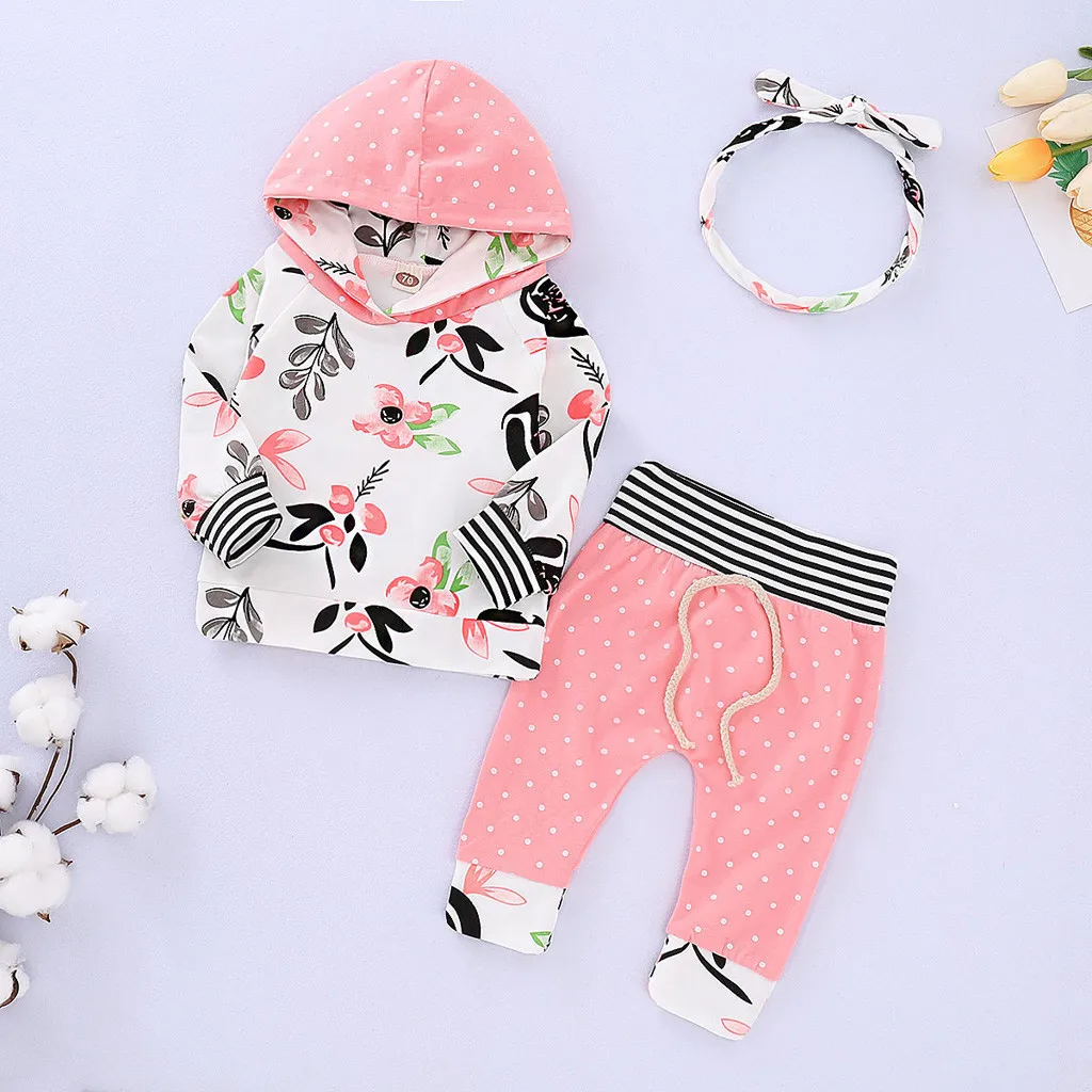 Infant Baby Girls Hooded Tops Floral Pants Trousers Hair Band Outfits Set Baby Girls Boys Hooded Sweatsuit Clothes Autumn Set