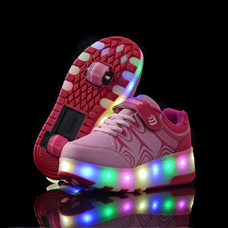 

Hot Sale Kids Boys Shoes with Two Wheels Children Shoes Glowing Sneakers Led Light up Kids Shoes For Boy Girl Shining Shoe