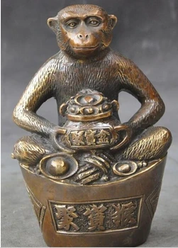 

yy ymy 929++++Old China Bronze wealth yuanbao Treasure bowl Zodiac animal Monkey lucky statue