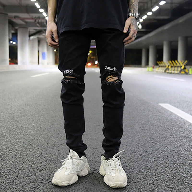 2019 Jogger вышитые рваные колени рваные джинсы для мужчин хип хоп обтягивающие байкерские рваные джинсы облегающие черные джинсовые брюки DG90